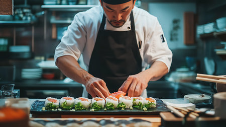 Witness the skilled sushi chef crafting exquisite rolls in a bustling kitchen.の素材