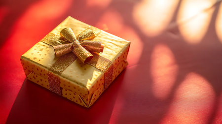 Beautifully wrapped gift box shines on a vibrant red backdrop evoking joy and celebration.の素材