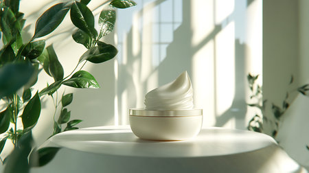 A close-up of luxurious skincare cream in a bright serene setting highlighting beauty and freshness.の素材