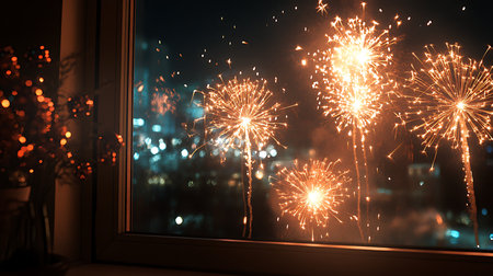 Enjoy a vibrant fireworks show illuminating the night sky over a bustling city.の素材