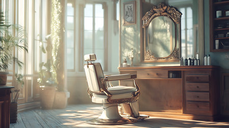 A vintage barber chair in a serene shop setting showcasing elegance and tranquility.の素材