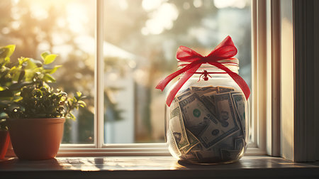 A beautiful jar filled with cash symbolizes saving and financial goals in a cozy home environment.の素材