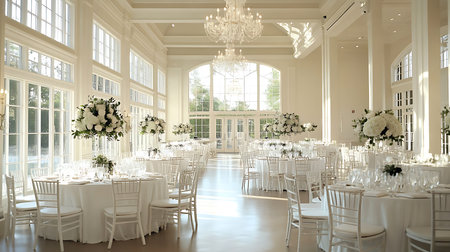 An exquisite wedding reception setup featuring elegant decor and a bright inviting atmosphere.の素材