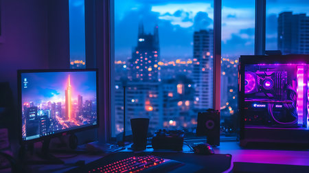A vibrant nighttime city view from a cozy workspace showcasing technology and urban beauty.の素材