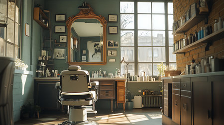 Explore a stylish barber shop interior showcasing a cozy and inviting atmosphere.の素材