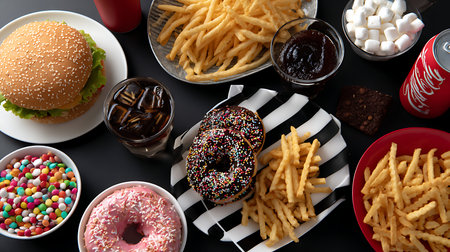 Explore a tempting spread of burgers fries and donuts perfect for any occasion.の素材
