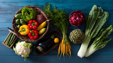 A vibrant display of fresh vegetables captured at a local farmersmarket showcasing organic produce.の素材