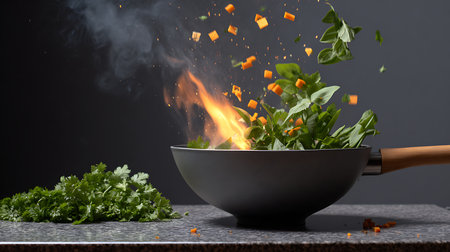A vibrant stir-fry catches fire showcasing culinary skill and fresh ingredients in an engaging kitchen scene.の素材