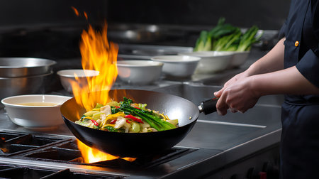 A chef skillfully stir-fries vibrant vegetables showcasing culinary expertise in a lively kitchen.の素材