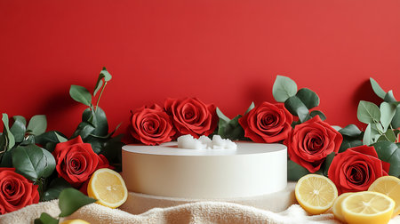 A beautifully arranged cake with roses and lemons perfect for celebrations.の素材