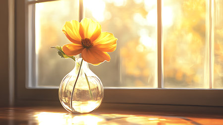 A vibrant flower in a vase catches sunlight symbolizing beauty and tranquility.の素材