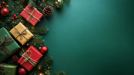 A beautifully arranged display of colorful gifts amidst festive decorations for Christmas.の素材