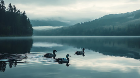 A peaceful scene of ducks gliding across a misty lake surrounded by mountains.の素材
