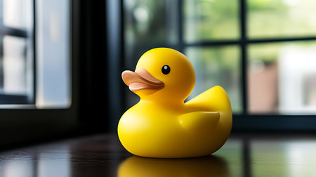 A cheerful yellow rubber duck sits in a cozy indoor setting embodying fun and playfulness.の素材