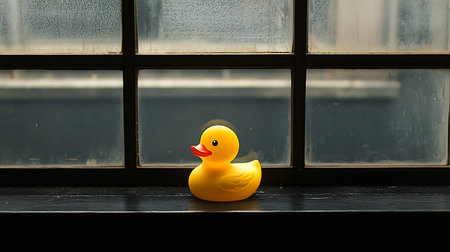 A charming yellow rubber duck rests on a windowsill capturing a serene indoor moment.の素材