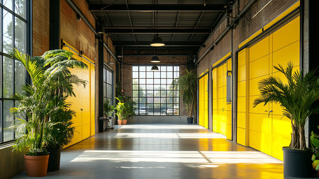 A vibrant industrial hallway features yellow doors and lush plants blending urban style with modern design.の素材