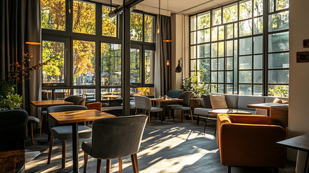 Explore a sunlit urban interior that blends comfort and warmth perfect for relaxing and connecting.の素材