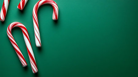 Festive candy canes arranged on a vibrant green backdrop perfect for holiday cheer.の素材