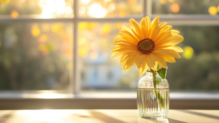 A vibrant sunflower brightens a cozy home space showcasing nature's beauty in a simple vase.の素材