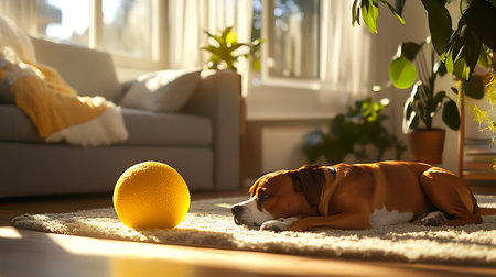 A peaceful dog lies next to a bright yellow ball enjoying a serene moment in a sunlit living room.の素材