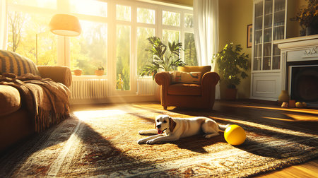 A calm dog enjoys a sunlit afternoon in a cozy living room highlighting a serene home environment.の素材