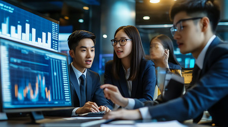 A group of professionals engaged in data analysis showcasing teamwork and smart decision-making.の素材