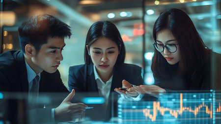 Three professionals analyze data trends during a strategic business meeting.の素材