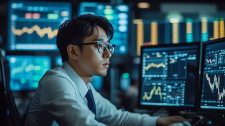 A dedicated analyst monitors stock trends in a bustling financial hub showcasing data-driven insights.の素材
