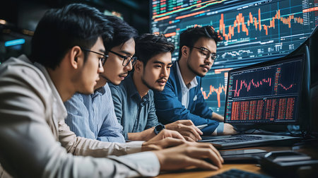 A team of data analysts reviews financial charts and graphs showcasing collaboration in a modern office.の素材