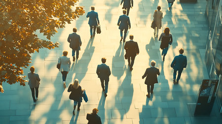 A bustling scene of business professionals walking in an urban setting during the morning.の素材