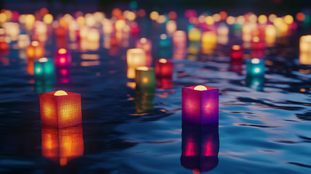 A vibrant display of floating lanterns creates a magical atmosphere on the water during a serene festival night.の素材
