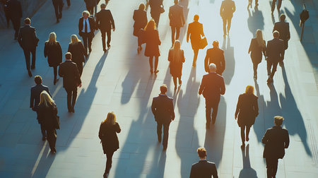 A bustling scene of professionals commuting in the city showcasing the morning hustle and vibrant urban life.の素材