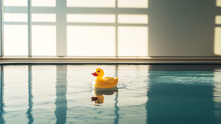 A cheerful rubber duck floats serenely in an indoor pool creating a playful and tranquil atmosphere.の素材