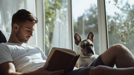 A man enjoys quiet reading time with his dog highlighting companionship and relaxation.の素材