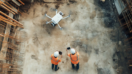 Engineers coordinate with a drone on a construction site showcasing modern technology in urban development.の素材