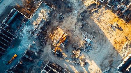 Aerial view of construction machinery at work on a building site highlighting industrial progress.の素材