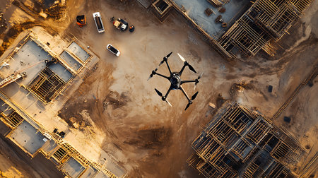 A drone captures an aerial view of a bustling construction site showcasing modern building techniques.の素材