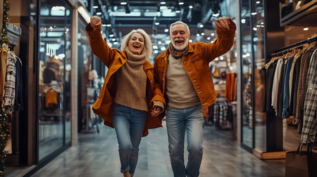 A cheerful elderly couple joyfully explores a shopping mall celebrating life and togetherness.の素材