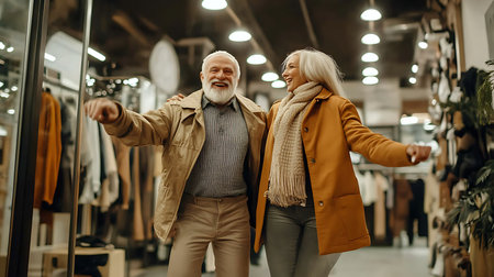 Elderly couple joyfully dancing in a fashion store celebrating life and style.の素材