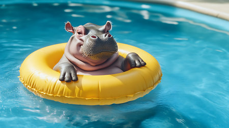 A playful hippo enjoys a sunny day floating in a pool showcasing a unique blend of fun and wildlife.の素材