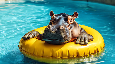 A playful hippo enjoys a sunny day in the pool resting on a vibrant inflatable ring.の素材