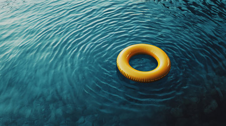 A solitary yellow lifebuoy floats gently in calm blue waters evoking a sense of peace and safety.の素材