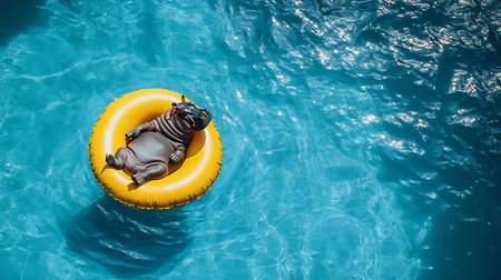 A joyfully lounging hippo floats serenely on a vibrant yellow ring in a sunny pool.の素材