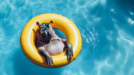 A playful hippo lounges in a vibrant pool float embracing summer fun under the sun.の素材