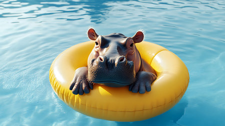 A playful hippo enjoys a sunny day in a pool adding joy to summer fun.の素材