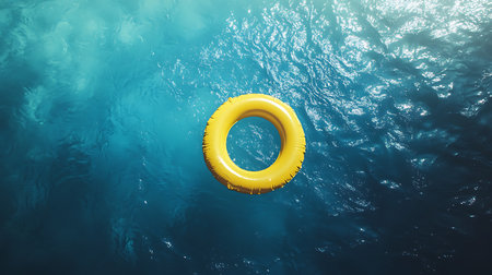 A bright yellow lifebuoy drifts peacefully in clear ocean waters symbolizing safety and tranquility.の素材
