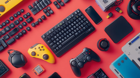 Explore a vibrant display of gaming gear and accessories in a lively home office setup.の素材