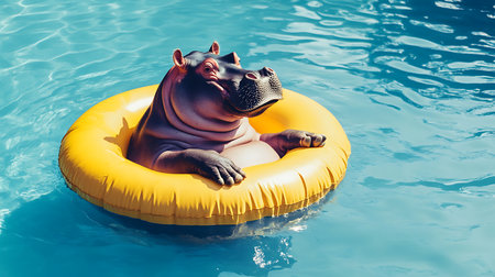 A hippo enjoys a leisurely day in a pool float embodying summer fun and relaxation.の素材