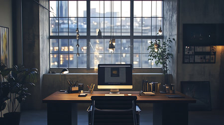 Explore a stylish modern workspace with inspiring decor and city views.の素材