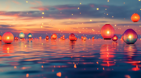 Experience the beauty of floating lanterns illuminating the calm waters during a mesmerizing festival.の素材